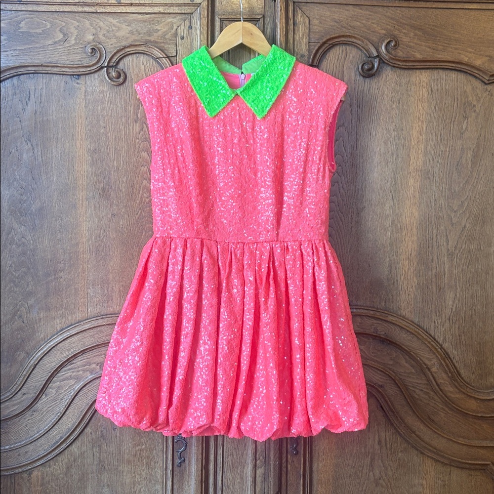 QUEEN OF SPARKLES Neon Pink Sequin Mini Dress with Bright Green Collar